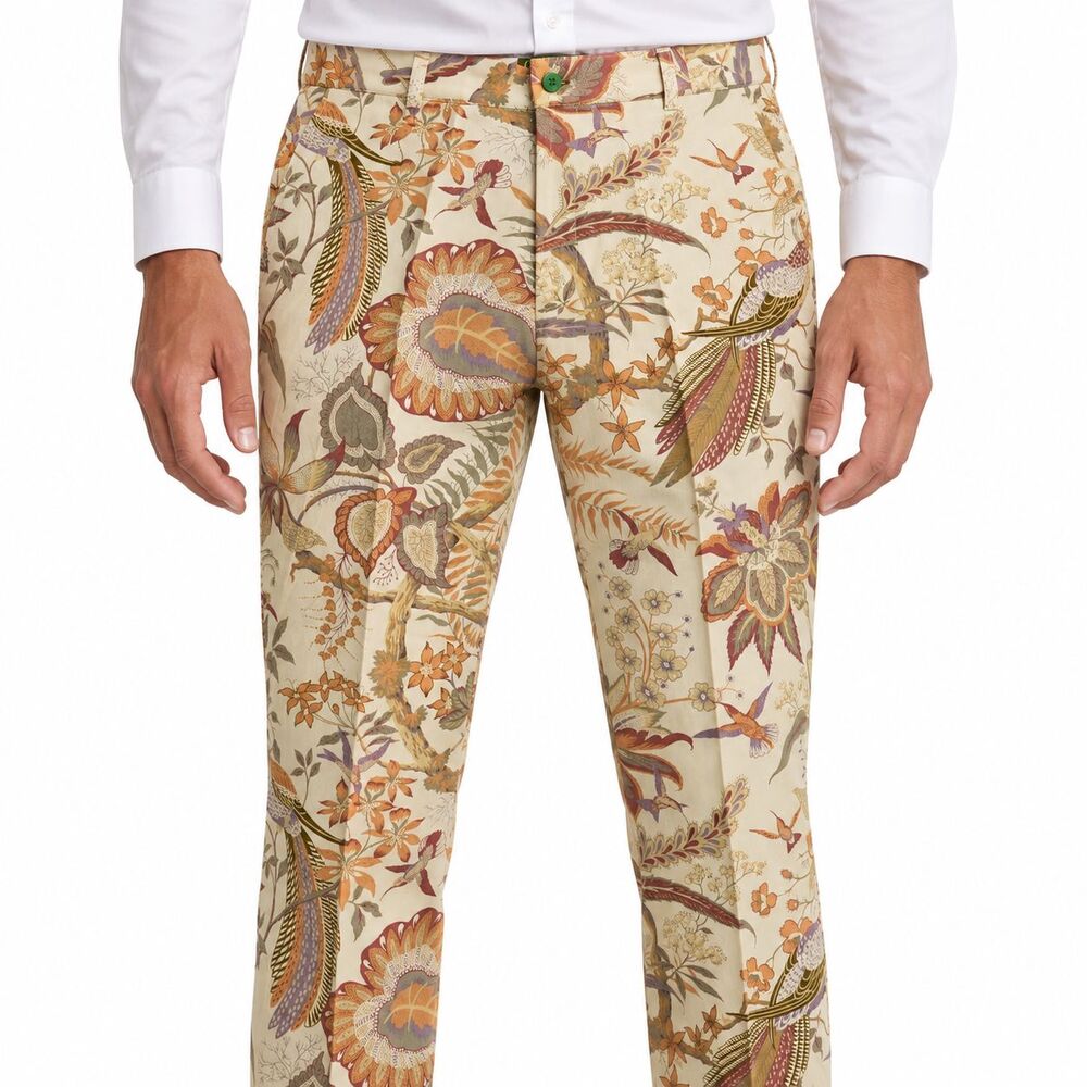 Mens 36 Cream Bird Floral Print Cotton Slim Fit Dress Pants Handmade Trousers